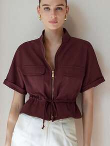 Aveloria Modichic Fashion Short Utility Short Sleeve Top, Symmetrical Two-Pocket Design On Chest, Cinched Waist For Adjustable Fit, Clean And Sharp Look - Redwood - View 3