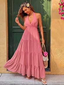Breezaya Vestido de verano de unicolor con cuello halter, espalda descubierta y volantes en el bajo - Rosa - Ver 3