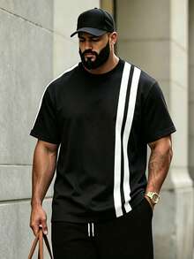 Manfinity Homme Men's Plus Size Contrast Stripe Short Sleeve T-Shirt - Black and White - View 3