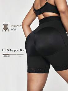 SHAPORA 1pc Plus Size Women's Solid Color High Waist Shaping Shorts - Black - View 1