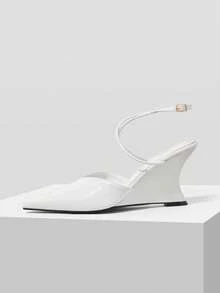 Mnmlis Spring And Summer Buckle Strap Design Pointed Wedge Heel Light Luxury Glossy White Rear Empty High Heel Sandals Party Dinner Fall Shoes - White - View 2