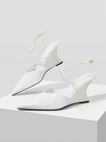 Mnmlis Spring And Summer Buckle Strap Design Pointed Wedge Heel Light Luxury Glossy White Rear Empty High Heel Sandals Party Dinner Fall Shoes - White - View 1