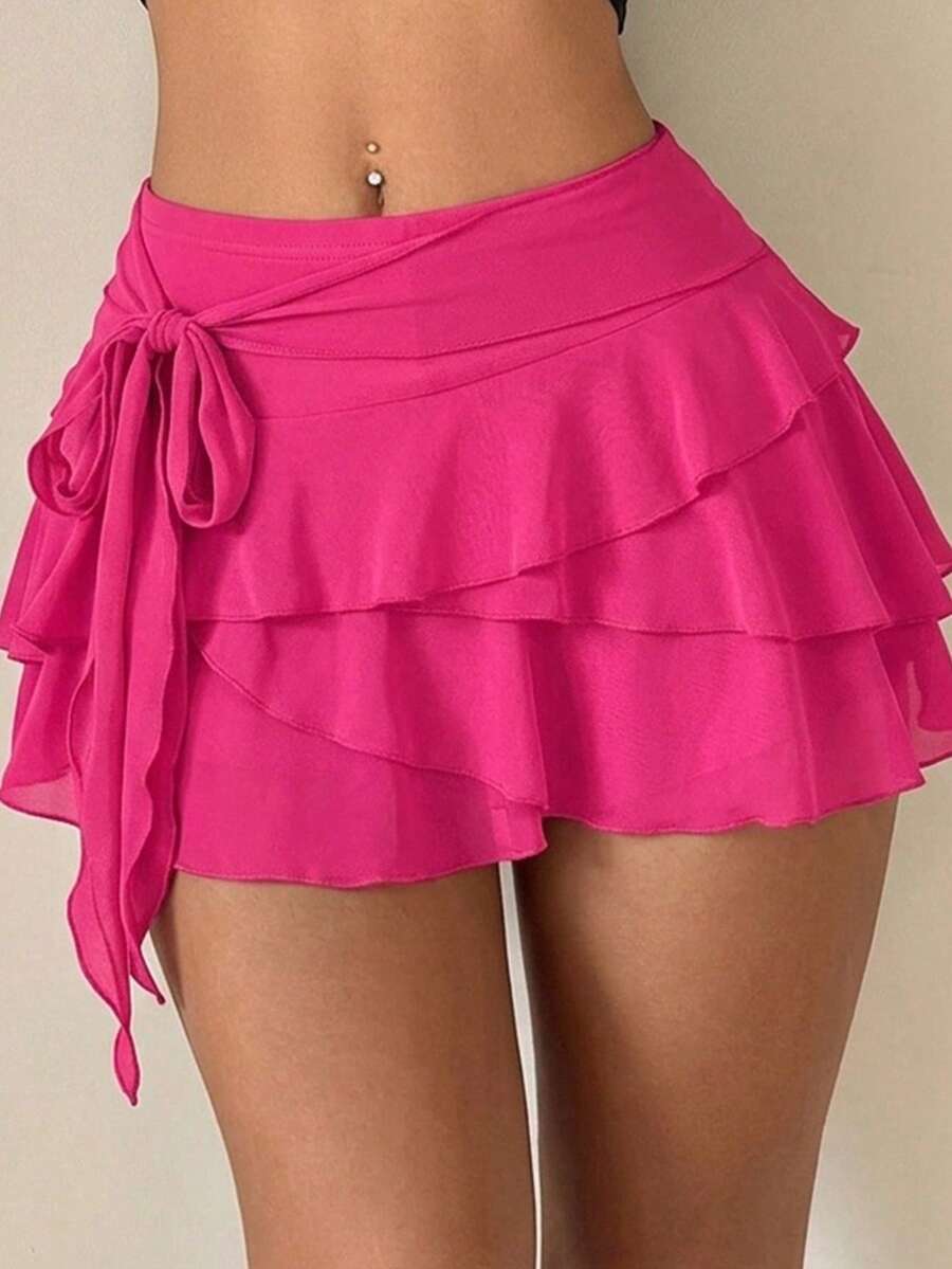 SHEIN ICON Women's Multi-Layer Ruffle Trim Low Rise Y2K Mini Black Skirt - Hot Pink - View 1