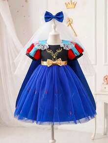 SHEIN Glamorique Kids Girls Princess Dress, Blue Princess Dress, Puff Sleeve, Royal Blue Tulle Tutu Dress, Birthday Party, Wedding Dress, Partywear Winter - Blue - View 3