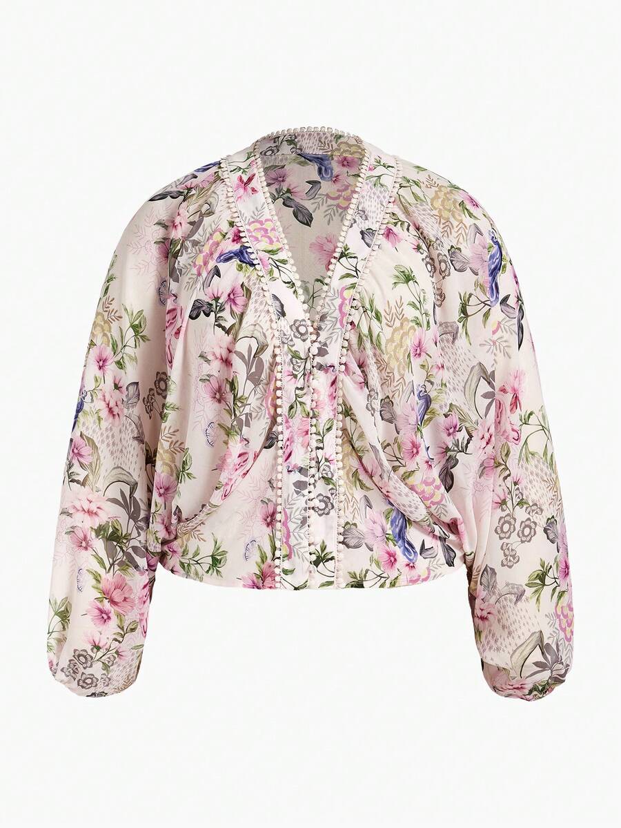 MOTF PREMIUM PLUS SIZE WOMEN'S ROMANTIC FLORAL PRINT BLOUSE, SPRING/SUMMER FALL - Pink - View 1