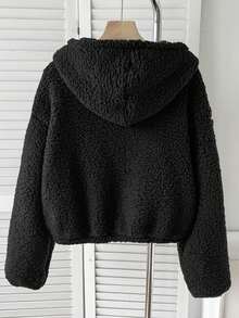 SHEIN 青少年女孩秋冬新款黑色雙面抓絨短款寬鬆休閒連帽外套 - 黑色 - 查看 2