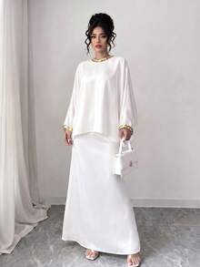 SHEIN LUNE CURVE Plus Size Women's Elegant Celestial Blouse And Skirt 2 Pieces Set Sparkly Top Theme Party Birthday Luxury Evening Autumn Wedding White - White - View 4