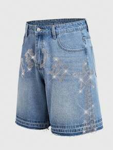 ROMWE MEN Street Life Men's Rhinestone Letter Pocket Casual Denim Shorts - Blue - View 1