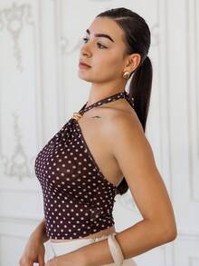 Andrea Bello 女士Y2K波点印花金属装饰时尚露背上衣，春夏款，适合派对、海滩等场合，优雅百搭，休闲度假必备，亦可作为波点上衣、夜店装、生日派对、节日盛宴、外出休闲装、下午茶派对、时尚单品、复古风、Y2K风格、约会或浪漫装扮。 - 棕色 - 查看 6