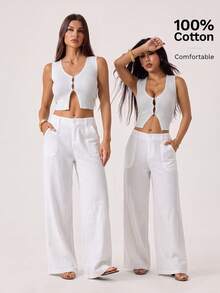 SHEIN Tall 100%水洗棉低腰直筒長褲 - 白色 - 查看 4