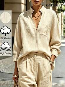 Hotletica Casual Solid Color Linen V-Neck Loose Long Sleeve Shirt - Apricot - View 3