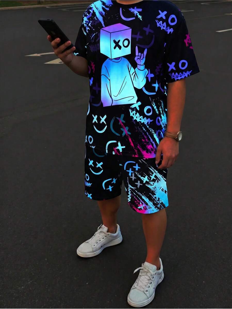 SHEIN 2件組青少年男孩休閒視覺螢光卡通圖案圓領短袖短褲套裝,適合春夏季,日常穿著、運動、外出、上學、派對、節慶、拍照 - 彩色 - 查看 1