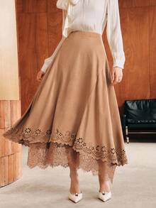 Anewsta Rok Wanita Modern Tebal Motif Bunga Patchwork Suede Velvet - Coffee Brown - View 4