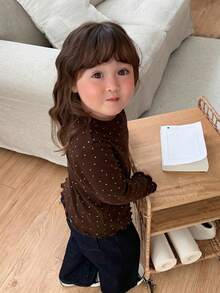 DAZY Infant (Girl) Polka Dot Korean Style Long Sleeve Ruffle Trim Top Toddler Fall - Coffee Brown - View 2
