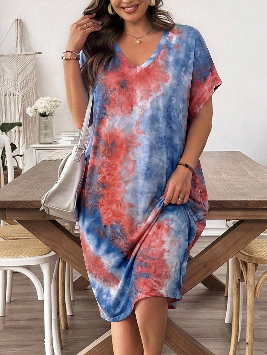 SHEIN LUNE 大尺碼女款紮染休閒日常夏季旅行連身裙 - 彩色 - 查看 1