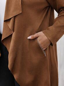 SHEIN Clasi 大尺碼女款瀑布領長袖開襟夾克外套 冬季 - 棕色 - 查看 5