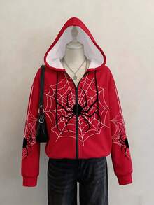 SHEIN EZwear 女款休閒拉鍊連帽衛衣，蜘蛛圖案，秋冬服飾 - 彩色 - 查看 7