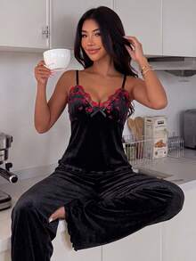 ZzzCrew Exquisite Mesh Embroidered Frill Trim Slim Fit Velvet Camisole & Long Pants Women's Pajama Set - Black - View 1