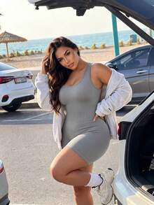 Gameset SHEIN Sport Plus Size Seamless Sleeveless Jumpsuit, Round Neck Vest Style Seamless Gray Fitness Yoga Sportswear - Grey - View 4