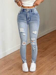SHEIN Tall 春夏季女款休閒修身高彈力牛仔褲 藍色 高個女款牛仔褲 秋季 - 淺色水洗藍 - 查看 7