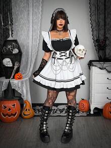 Whyspr Halloween Grunge Punk Plus Size Women's Lace-Up Design Cute Sweet Maid Dress - Black and White - View 6