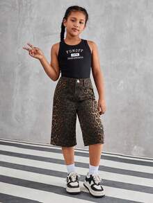 SHEIN Explorewe Tween Girl 新款夏季街头风复古豹纹宽松直筒阔腿七分裤 - 彩色 - 查看 5