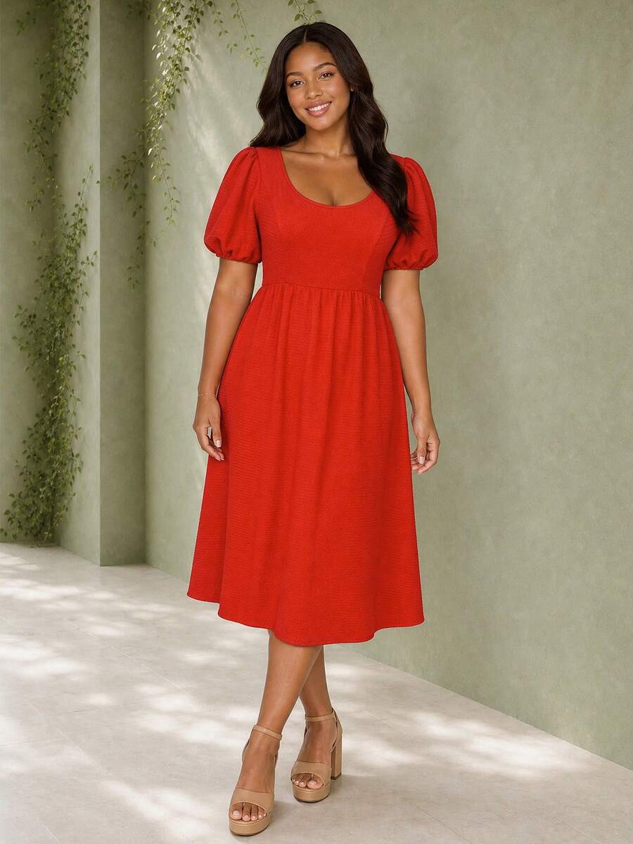 ELLERISSA Plus Size Red Scoop Neck Puff Sleeve Textured A-Line Midi Dress - Burnt Orange - View 1