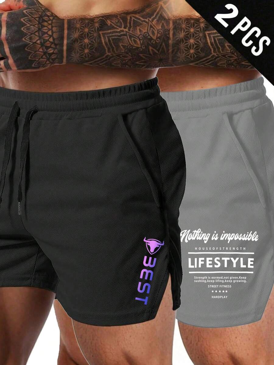 Gym Rark Men's Letter Print Drawstring Waist Pocket Sports Shorts 2pcs/Set - Black - View 1