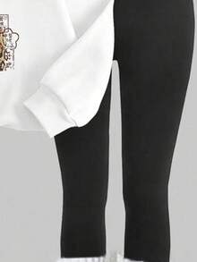 SHEIN EZwear 秋季新品 東方元素個性印花休閒極簡寬鬆圓領衛衣與修身緊身褲 2件套 - 彩色 - 查看 4