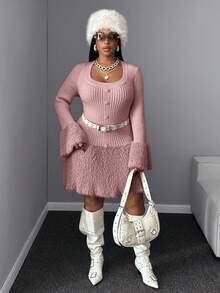 Maweii Plus Size Women Solid Color Elegant Fitted Fuzzy Heart Knitted Sweater Dress Winter - Pink - View 4