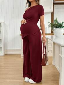 SHEIN 孕婦不對稱下擺不對稱單肩上衣與可調節腰圍長褲 2 件套 - 酒紅色 - 查看 6
