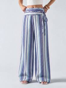 SHEIN Tall CURVE 大尺碼條紋休閒度假長褲 秋季 - 彩色 - 查看 4