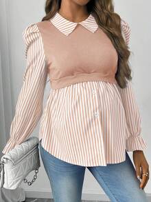 SHEIN Top de lactancia de maternidad con rayas y patchwork - Caqui - Ver 5