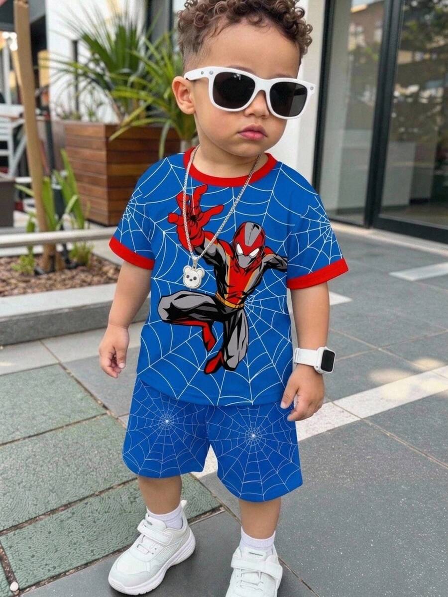 Kids Young Boy Simple Spider Web Cartoon Print Short Sleeve T-Shirt And Casual Shorts Set - Blue - View 1