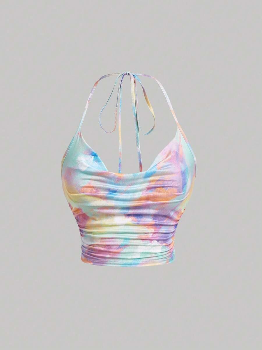 SHEIN MOD 紮染前垂褶掛脖上衣 - 彩色 - 查看 1