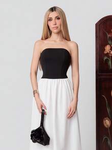 PRISCILA ESCOTO PRISCILA ESCOTO Women's Summer Color Block Strapless A-Line Mini Dress - Black Casual Elegant - Black and White - View 3