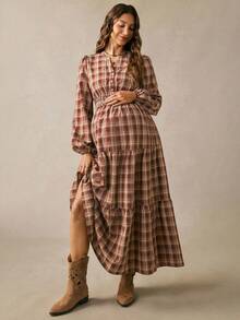 Boho Mama Plaid Pleated Casual Sexy Daily Photoshoot Maternity Dress Autumn Burgundy - Burgundy - View 1