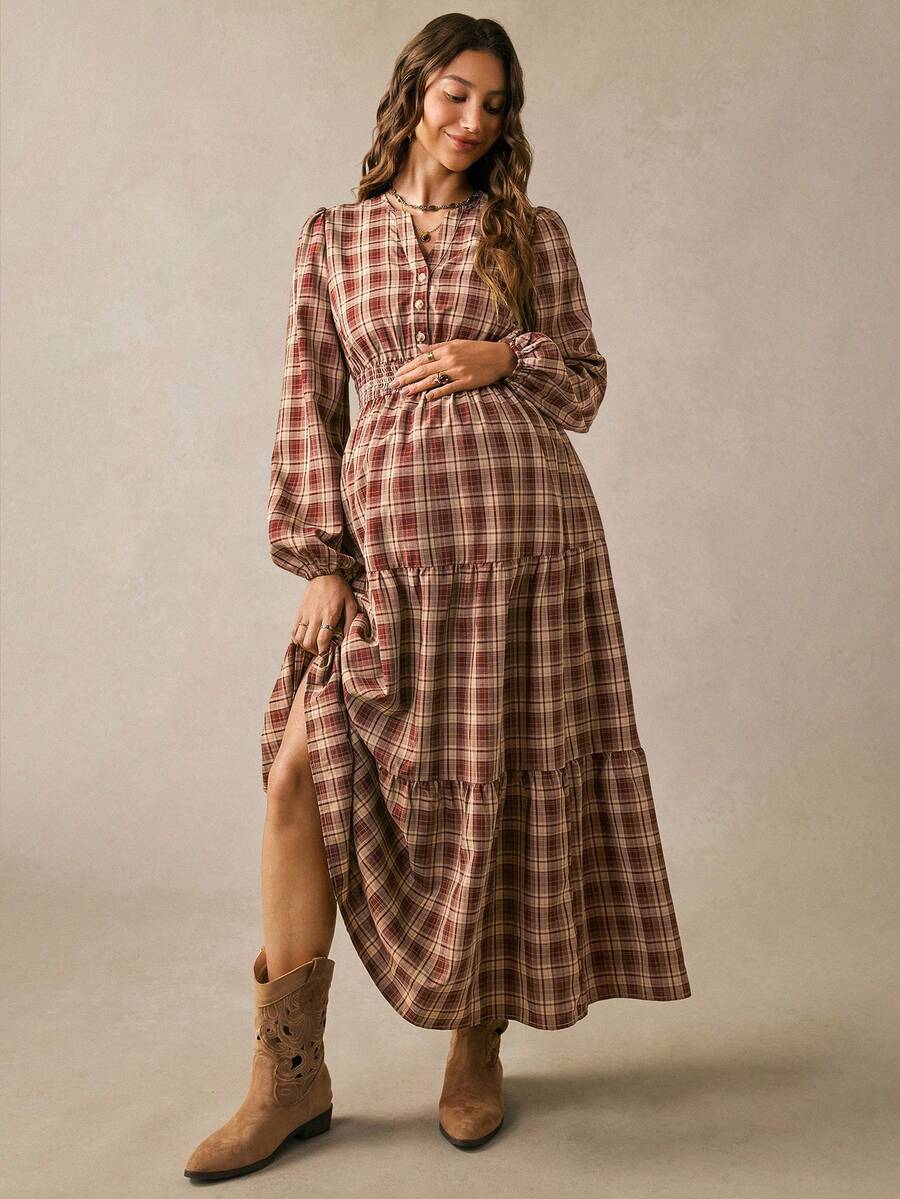 Boho Mama Plaid Pleated Casual Sexy Daily Photoshoot Maternity Dress Autumn Burgundy - Burgundy - View 1