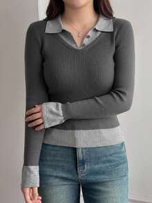 Dazy Plus Colorblock Fitted Long Sleeve Polo Collar Casual Vacation Base Layer Pullover Knit Sweater, Autumn/Winter - Dark Grey - View 3