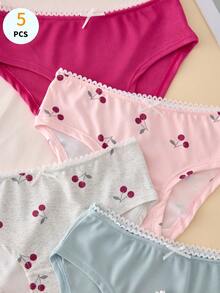 5pcs Fresh Contrast Color Cherry Print Girls Panties Set - Multicolor - View 6
