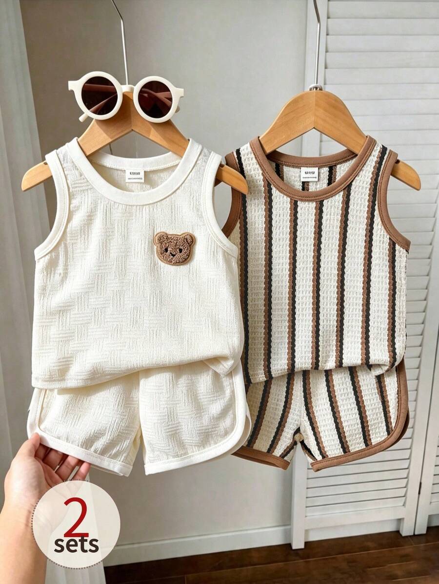 SHEIN Playful Pals 4件組男嬰刺繡背心與運動短褲套裝，運動風夏季城市度假深藍色套裝