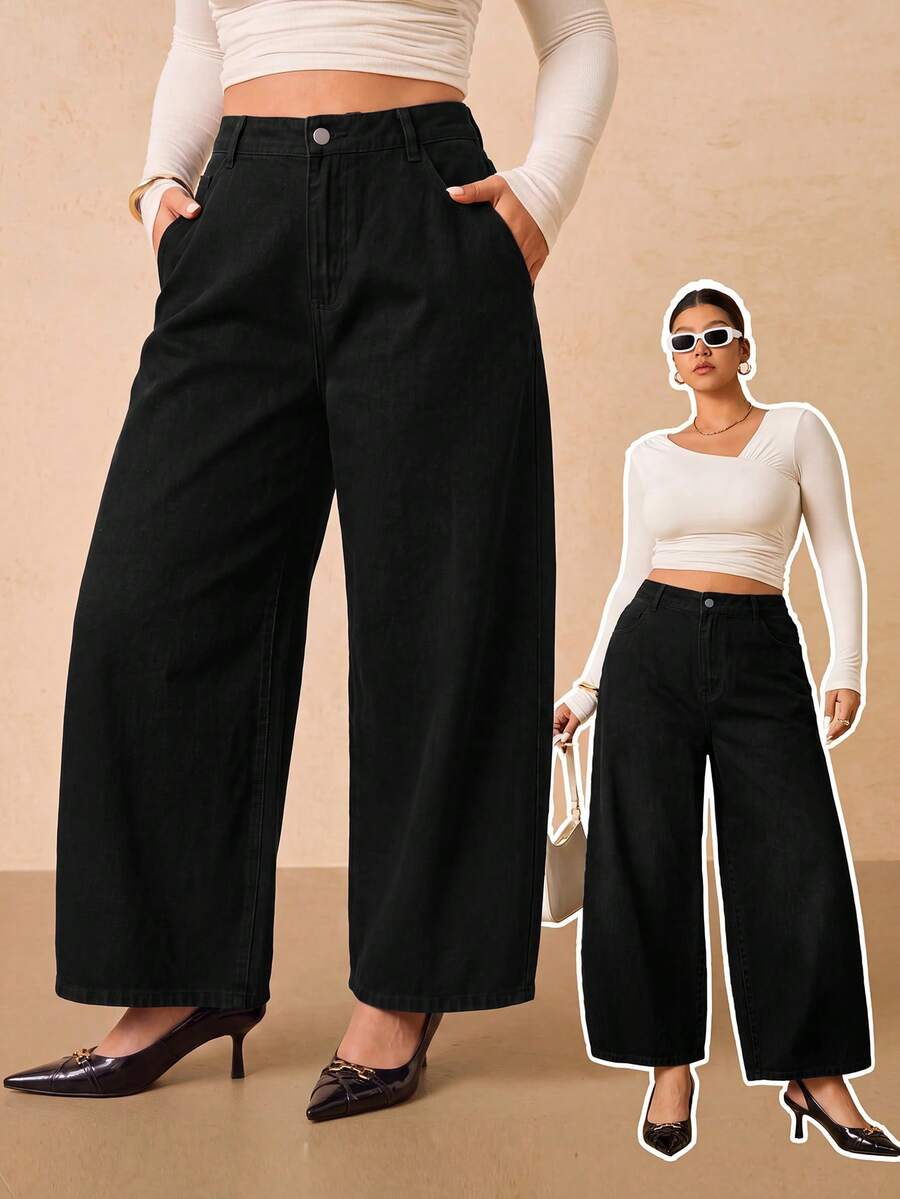 SHEIN Tall CURVE 大尺碼女款休閒寬鬆彎腿牛仔褲,附口袋 - 黑色 - 查看 1