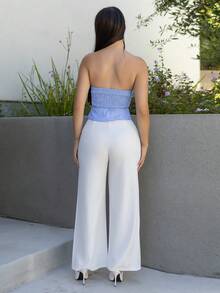 Andrea Bello Summer Casual Commuting Sky Blue Striped Front Button Tube Top Hot Girl Tops, Sexy Tops, Holiday Tops - Multicolor - View 2