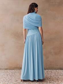 Anewsta Petite Women's Petite New Spring/Summer Elegant Vintage Ruched Fitted Draped Bodycon Waist-Cinching Long Dress For Party, Gathering, Banquet, Vacation - Blue - View 5