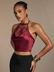 Hauture Damen Sexy Elegantes Transparentes Spitzen Hochhals Satin Crop Top, Urlaubs Party, Cocktailstunden, Date Nights, Abendessen, Perfektes Layering Stück - Bordeaux - Übersicht 3