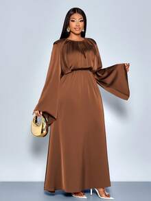 SOLERSUN Plus Size Women's Fashion Solid Color Satin Shiny Fabric Round Neck Elastic Waist Slimming Elegant Exquisite Loose High-End Temperament Light Luxury Long A-Line Big Flared Long Sleeve Dress, Maxi Dress, Daily Commuting All-Match Women's Clothing, New Style, Music Festival, Party, Birthday Party, Solid Color Dress, Christmas, New Year, Fall, Winter,Modest - Brown - View 6