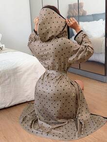 Napfluff Cute Bow Polka Dot Print Mid-Length Hooded Robe - Multicolor - View 3