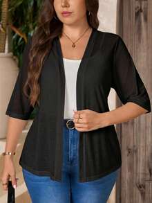 Comfylo Chaqueta casual versátil de talla grande de unicolor - Negro - Ver 4