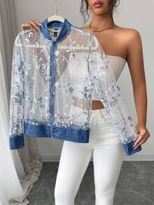 SHEIN Elenzya Women's Floral Embroidered Mesh Patchwork Denim Jacket - Blue - View 6