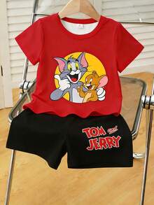 TOM & JERRY X SHEIN GraphicGems 男嬰兩件套可愛卡通角色 Taz 印花柔軟短袖 T 恤短褲套裝 夏季休閒街頭風 紅黑配色 - 紅色 - 查看 6